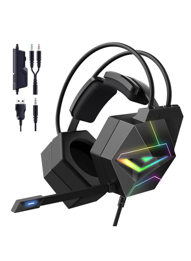 Onikuma X20 Wired Professional Gaming Headset with Noise Cancelling Microphone, 7.1 Surround Sound , RGB Lighting, 50mm Precision Drivers, 3.5mm connection , Stereo Surround Sound, Comfortable Over-Ear Design for PC and Laptops (Black) - Image 1